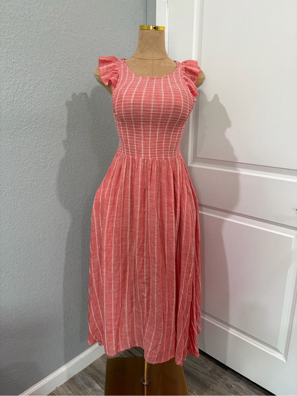 Free People Coral Stripe Ruffle-Sleeve Midi Dress